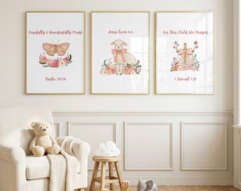 Christian Wall Art Set of 3, Pink Bible Verse Nursery Prints, Floral Baby Girl Room Decor