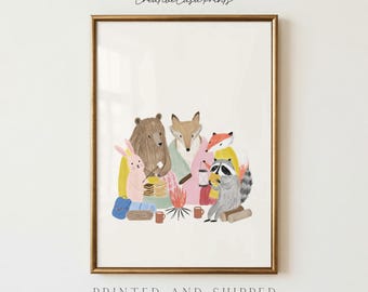 Woodland Camping Wall Art, Woodland Nursery Print, Forest Animal Campfire Decor, Cute Nursery Wall Art, Kids Room Decor