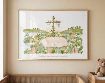 Christian Nursery Wall Art | Psalm 23 Lamb Religious Nursery Print