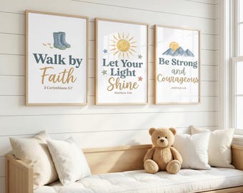 Christian Nursery Wall Art Set of 3, Bible Verse Faith Prints, Inspirational Kids Room Decor