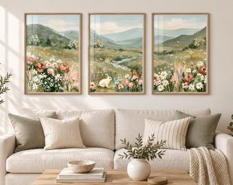 Mountain Meadow Wall Art Set of 3, Wildflower Bunny Prints, Cottage Nature Home Decor, Nursery Wall Art