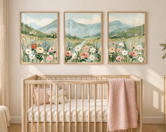 Mountain Wildflower Wall Art Set of 3, Floral Meadow Landscape Prints, Nature Home Decor, Nursery Wall Art