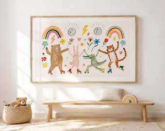 May include: A framed horizontal wall art print featuring a watercolour illustration of a brown bear, a pink rabbit, a green crocodile, and an orange tiger on roller skates. The scene includes rainbows, disco balls, lightning bolts, and flowers.