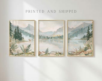 Mountain Lake Wall Art Set of 3, Elk Forest Landscape Prints, Rustic Cabin Home Decor