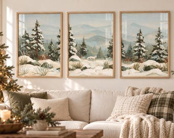 Winter Mountain Wall Art Set of 3, Snowy Pine Arctic Fox Prints, Rustic Nature Home Decor