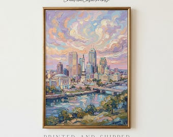 Kunstprint van de skyline van Indianapolis, iconische poster van Monument Circle, speels impressionistisch stadsgezicht, muurdecoratie van Indianapolis, Indiana