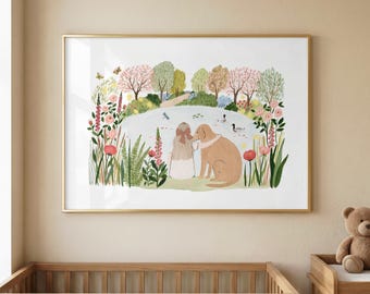 Girl and Golden Retriever Wall Art | Dog & Child Floral Garden Print