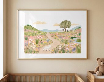 Good Shepherd Christian Nursery Wall Art | Lamb in Wildflower Meadow Print