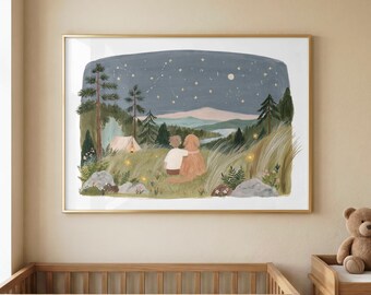 Boy and Dog Camping Nursery Wall Art | Adventure Woodland Nursery Print