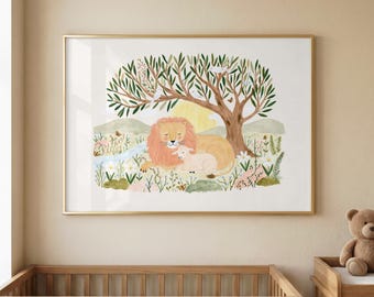 Lion and Lamb Christian Nursery Wall Art | Peaceful Safari Nursery Print