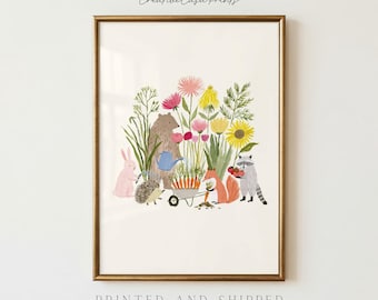 Woodland Garden Wall Art, Woodland Nursery Print, Forest Animal Nursery Decor, Garden Animals Wall Art, Cute Kids Room Decor