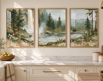 Forest Waterfall Wall Art Set of 3, Black Bear Mountain Prints, Rustic Nature Home Decor