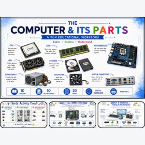 May include: An educational workbook titled The Computer & Its Parts featuring illustrations of a CPU, RAM, motherboard, GPU, storage, power supply, cooling fan, and ports. It includes 10 lessons, 10 activity pages, 20 pages total, and is printable.