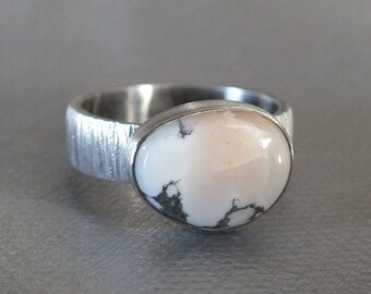 Pinkish White Datolite with Native Copper Sterling Silver Handmade Ring James Blanchard Size 8 Free Sizing