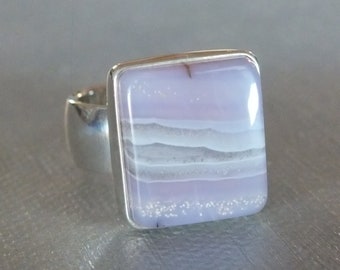 Holley Holly Blue Agate Sterling Silver Ring Handmade Metalsmith James Blanchard Size 8.25 wide Free Sizing