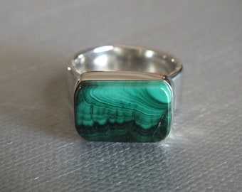 Bisbee Malachite Antique Rectangle Handmade Sterling Silver Ring Size 7.25 Wide Handmade Metalsmith James Blanchard Free Sizing