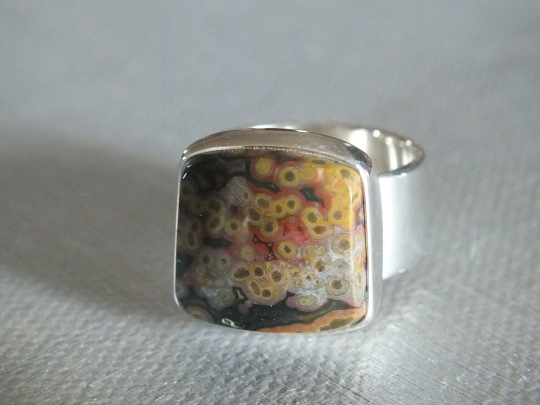 Ocean Jasper Sterling Silver Adjustable Teardrop Ring | 35mm Statement Ring