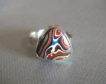 Metallic Reds Shiny Blues Classic Detroit Fordite Sterling Silver Ring James Blanchard Size 7 Free Sizing