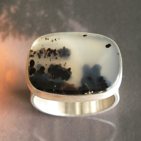 Reserved for Liz-Montana Moss Agate Hammered Sterling Silver Ring Size 11 1/2 wide James Blanchard
