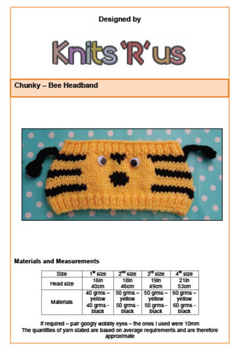 PDF Instant Download Knitting Pattern - Chunky – Bumble Bee Headband ...