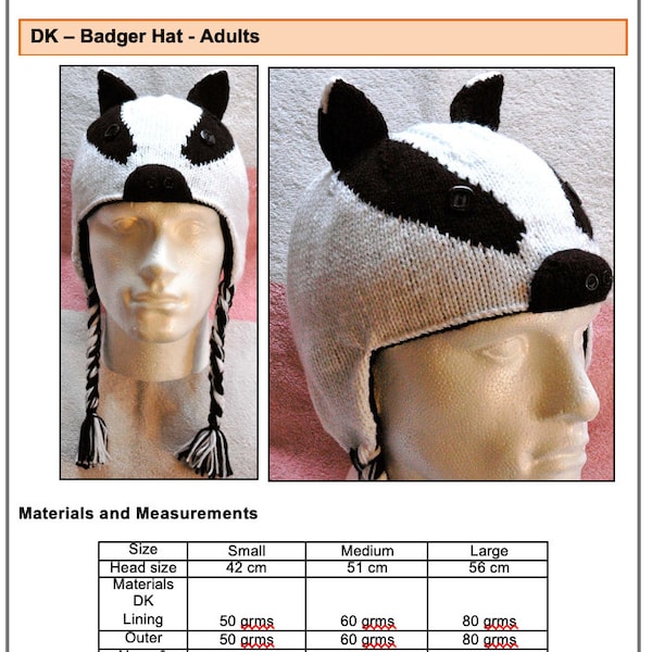 PDF Instant Digital Download Knitting Pattern - DK - Badger Hat Sizes Small Medium and Large With Ear Flaps - Knitting Pattern