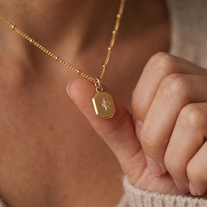 Gold North Star Necklace, Octagon Pendant, Celestial CZ Jewelry, Dainty Compass Choker, Minimalist Starburst Charm, Everyday Beaded Chain