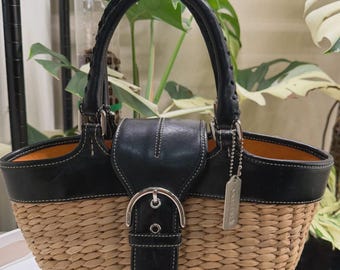 Bolso tote vintage Coach Hamptons de paja y cuero – Bolso de mimbre negro/marrón claro – Excelente estado