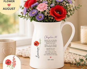 August Birth Flower Vase, Personalized Birth Month Flower Vase, Poppy Gladiolus Vase, Custom Birthday Gift For Mom Grandma