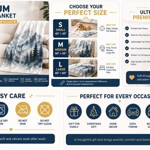 Op de afbeelding: Een premium fleece deken met een print van een berg- en boslandschap in blauw- en wittinten. De informatiepanelen tonen maten vari&euml;rend van 102 x 76 cm tot 203 x 152 cm, materiaalspecificaties, onderhoudsinstructies en gebruiksdoeleinden.