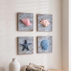 Décoration murale coquillages 3D, art mural étoile de mer en bois, décoration de salle de bain style bord de mer, art mural océan