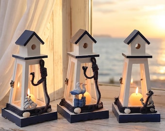 Mediterranean Lighthouse Candle Lantern, Nautical Coastal Decor, Wood Glass Lantern, Romantic Table Centerpiece, Beach House Gift