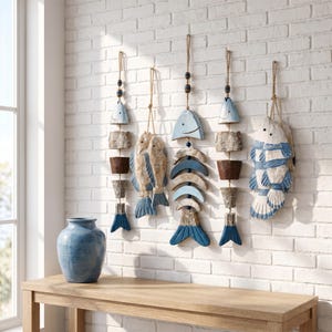 Mediterranean Rustic Distressed Wooden Fish Garland Wall Hanging, Coastal Nautical Decor, Vintage Carved Fish String for Beach House