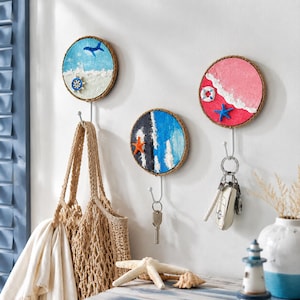 Crochet mural méditerranéen, Crochet mural motif vie marine côtière, Crochet en résine peinte effet vieilli, Crochet porte-clés pour maison de plage, Crochet porte-serviettes de salle de bain