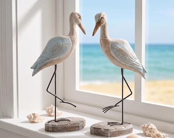 Escultura de madera de ave playera con patas de hierro, figura de ave costera azul, regalo de decoración para la casa de playa u oficina