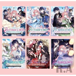 Puede incluir: Una colección de seis novelas ligeras tituladas 7th Time Loop: The Villainess Enjoys a Carefree Life Married to Her Worst Enemy! Cada portada presenta ilustraciones estilo anime de un personaje de cabello rosa y uno de cabello oscuro.