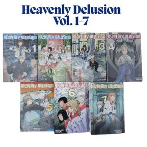 May include: A collection of seven manga books titled Heavenly Delusion, volumes 1 through 7. Each book cover features colorful anime-style illustrations of various characters in different settings, with the series title and volume number clearly printed.