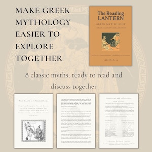 Może przedstawiać: Książka zatytułowana The Reading Lantern Greek Mythology Read-Aloud Collection z pomarańczową okładką z ilustracją dwóch postaci. Poniżej znajdują się trzy przykładowe strony z tekstem, czarno-białą ilustracją oraz pytaniami do dyskusji.
