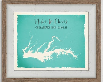 Chesapeake Bay USA Custom Map Wedding Print Destination Wedding Gift  Memento Couple print alternative Signature Guest Books