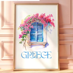 Blauw Grieks raam en bougainvillea bloemen Griekenland print poster aquarel schilderij muur kunst Santorini mediterrane huwelijkscadeau Home decor