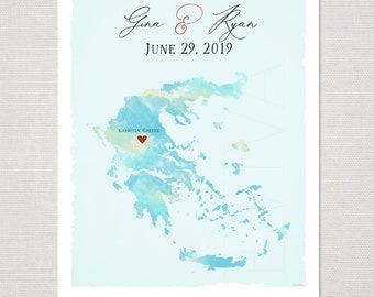 Greece Map Custom Watercolor Wedding Print Destination Greek Wedding Gift Memento Marriage Couple alternative Signature Guest Books
