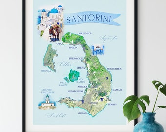 Poster Wall Art Santorini Greece Map Greek Watercolor Illustrated Island Map art print watercolor painting drawing wall art gift home decor