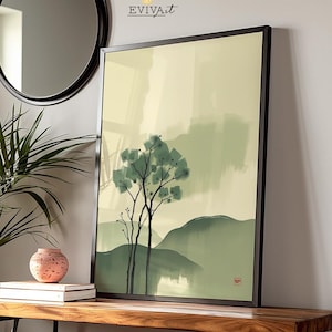 Abstrakte grüne Landschaft Wald Baum minimalistische moderne Wand Kunst Japandi asiatischen Druck Poster Wabi Sabi moderne Zen Wohnkultur - GEDRUCKT / DIGITAL