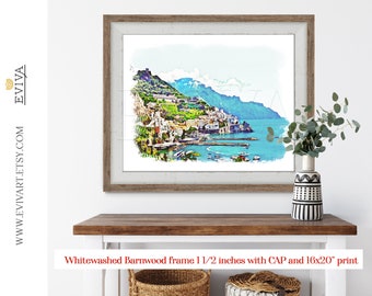 Positano Amalfi Coast Italian Riviera Landscape illustration art print from an watercolor painting drawing
