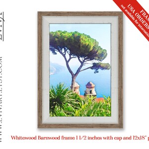 May include: A watercolour painting of a Mediterranean landscape featuring a pine tree, a domed building, and a view of the sea. The painting is framed in a whitewashed barnwood frame with a 1 1/2 inch wide border.