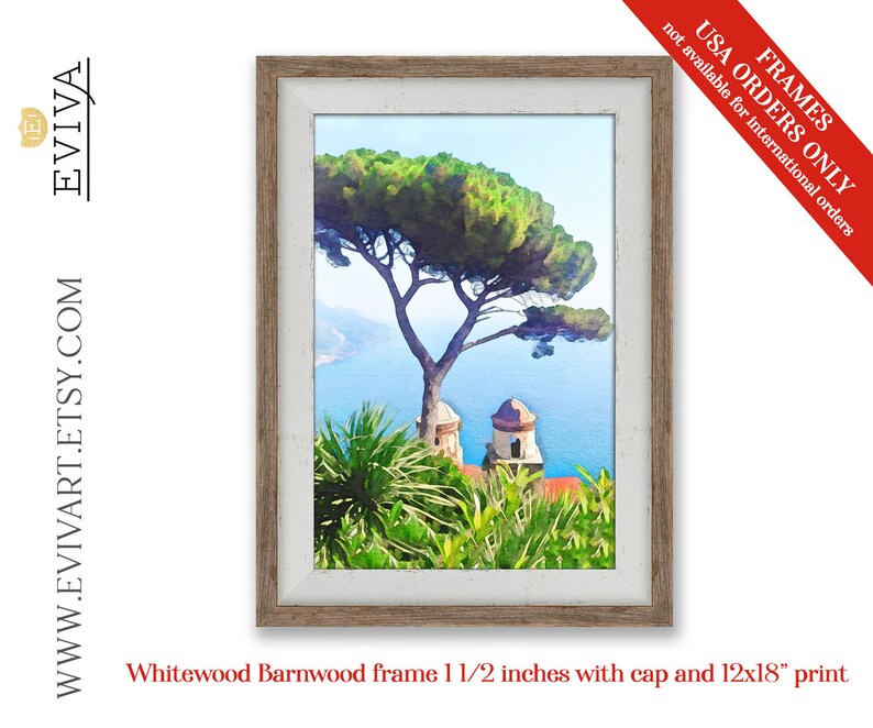 May include: A watercolour painting of a Mediterranean landscape featuring a pine tree, a domed building, and a view of the sea. The painting is framed in a whitewashed barnwood frame with a 1 1/2 inch wide border.