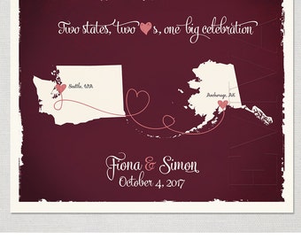 Custom Wedding Print Destination Wedding Gift  Memento Marriage Couple print alternative Signature Guest Books USA states Map Signature Map