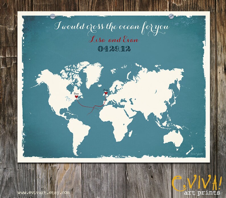 World Map Custom Wedding Print Destination Wedding Gift Memento Couple print alternative Signature Guest Books I would cross the ocean image 1