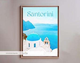 Santorini Greece Church Bell Blue Print Poster Landscape Watercolor Painting Wall Art Greek Island Mediterranean Wedding Gift Home Decor