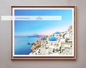 Santorini Greece Landscape Oia Thera Greek Island Art Illustration Travel Watercolor Painting Poster Wall Art Wedding Gift Blue Home Decor