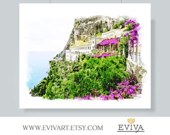 Amalfi Coast Italian Riviera Grand Convento di Amalfi Landscape illustration art print from an watercolor painting drawing